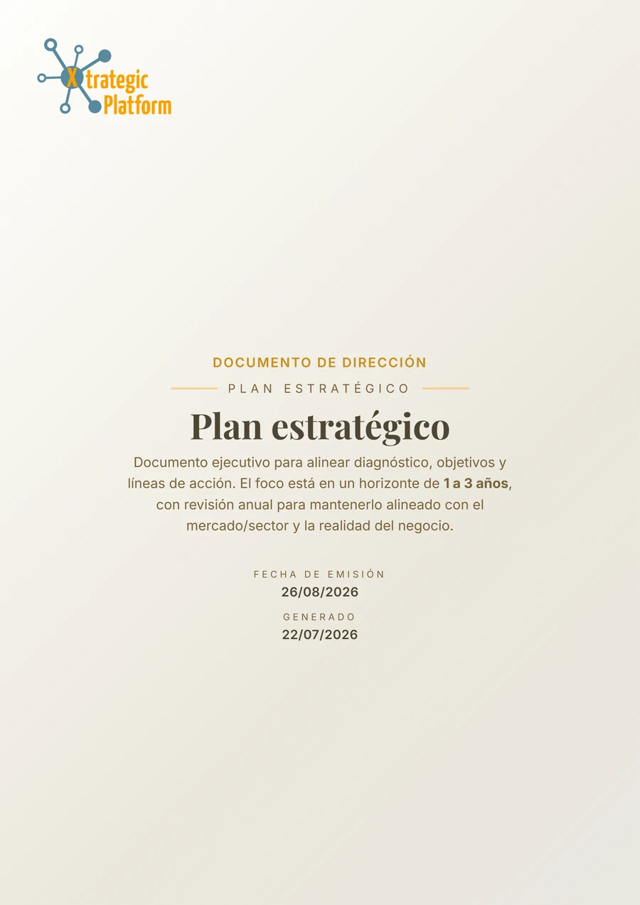 Portada real del plan estratégico generado en Xtrategic Platform, tal y como se ve en la vista previa del documento